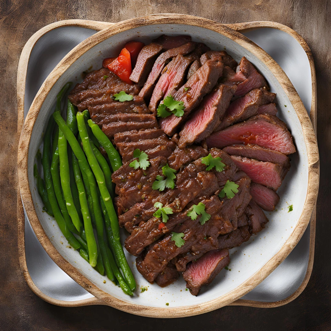 A beautifully plated beef dish garnished with fresh herbs and served with vibrant sides.