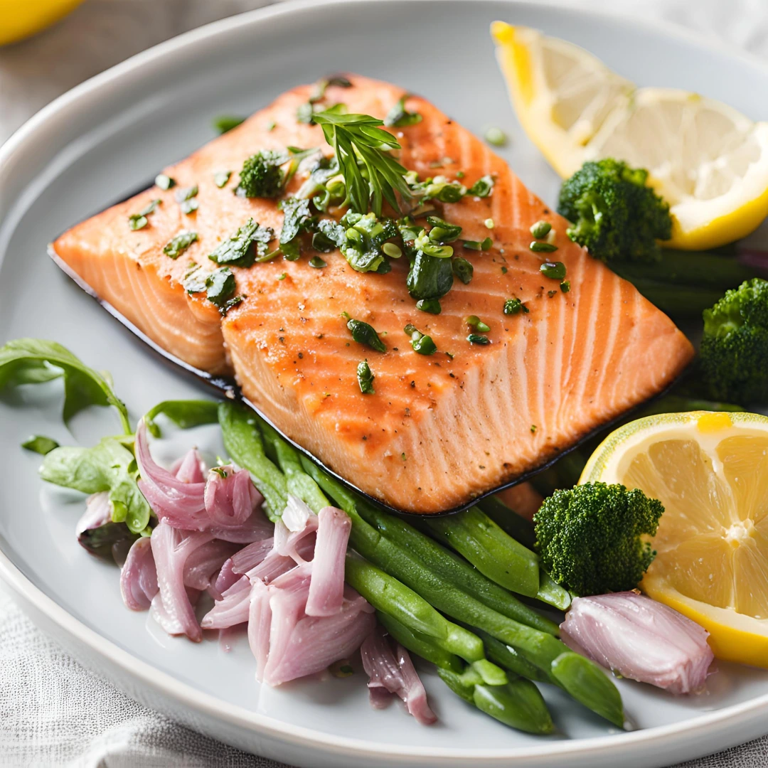 Freshly cooked salmon fillet garnished with herbs and served with lemon slices.